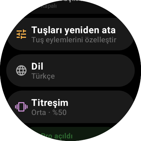 Akıllı saatte Roku kumandası ayarları — Tuşları yeniden ata, Dil, %50'de Titreşim ve Pro açıldı