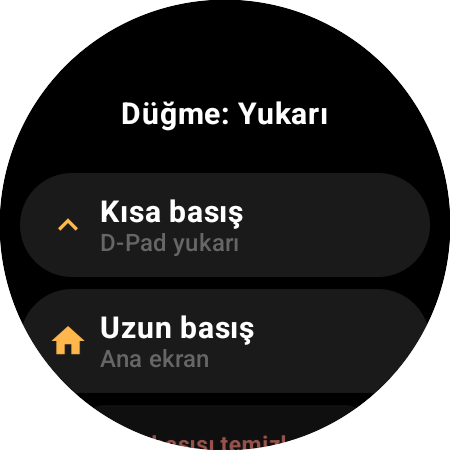Akıllı saatte Yukarı tuşu için atama seçenekleri — ayrı Kısa basış (D-Pad yukarı) ve Uzun basış (Ana ekran) eylemleri