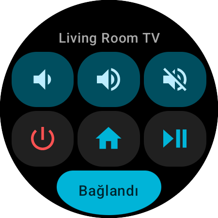 Bir Roku için Wear OS Hızlı İşlemler kartı — Living Room TV, ses, sessiz, güç, Ana ekran ve oynat/duraklat için altı tuş ve Bağlandı durum düğmesi