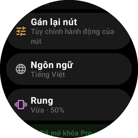 Cài đặt điều khiển Roku trên đồng hồ thông minh — “Gán lại nút”, “Ngôn ngữ”, “Rung” ở 50% và “Đã mở khóa Pro”