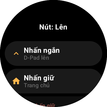 Tùy chọn gán lại cho nút Lên trên đồng hồ thông minh — thao tác Nhấn ngắn (D-Pad lên) và Nhấn giữ (Trang chủ) riêng biệt